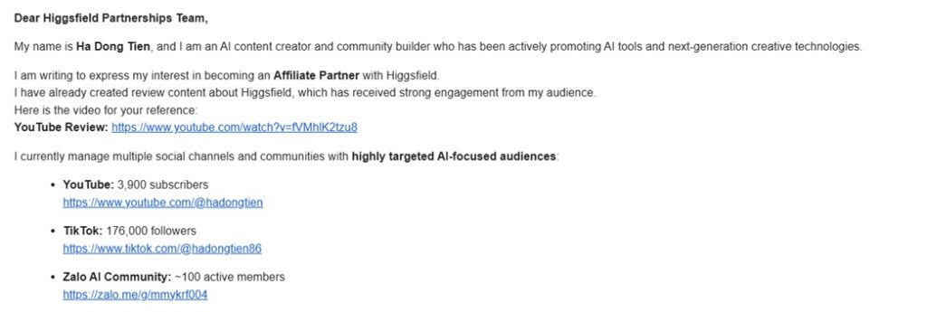 Mail Hà Dòng Tiền gửi Higgsfield